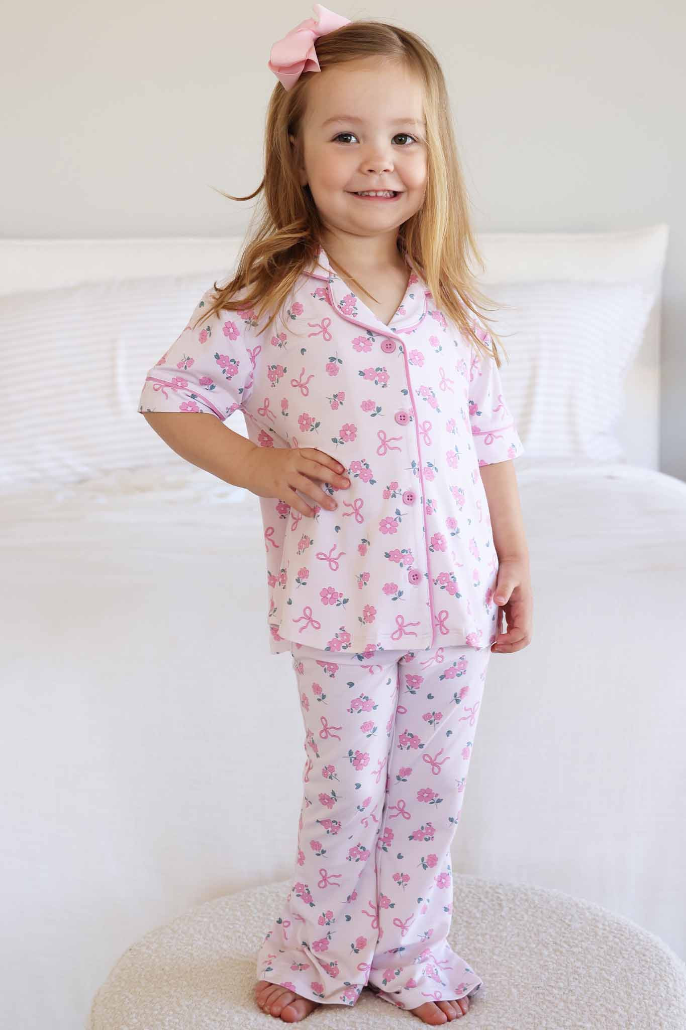 Girl's Two Piece Flare Lounge Set | Ribbon & Roses Pink | Caden Lane