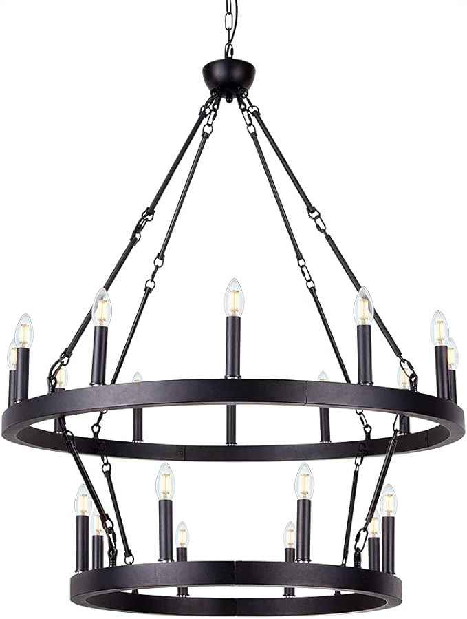 Wellmet Black Wagon Wheel Chandelier 2 Tier, Large Farmhouse Round Pendant Light Fixture Industri... | Amazon (US)