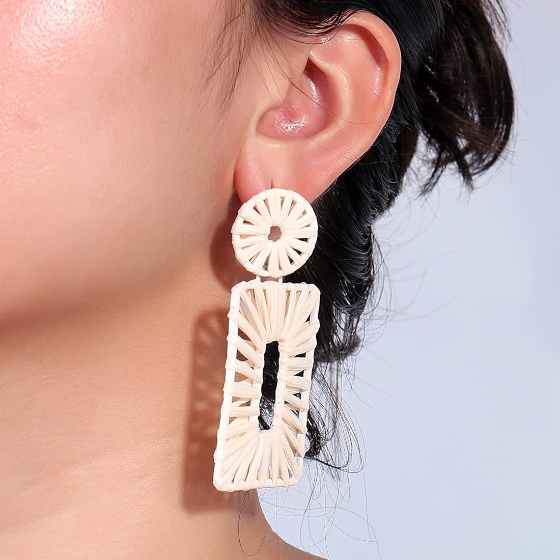 Statement Raffia Earrings Boho Drop Earrings Geometric Dangle Earrings for Women Handmade Straw E... | Amazon (US)