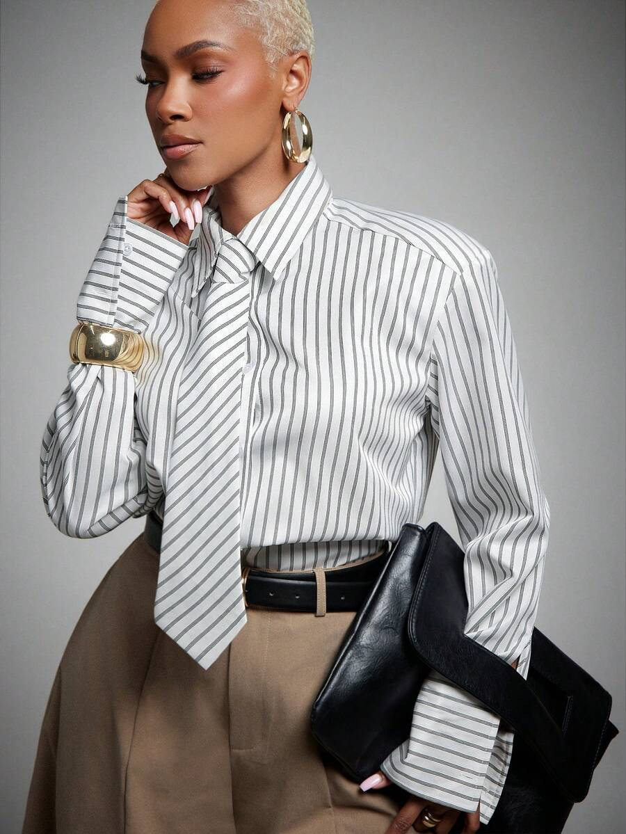 Vixey Directional Stripe Bold Padded Shoulder Shirt With Tie, Business Work Office Commute Top, B... | SHEIN