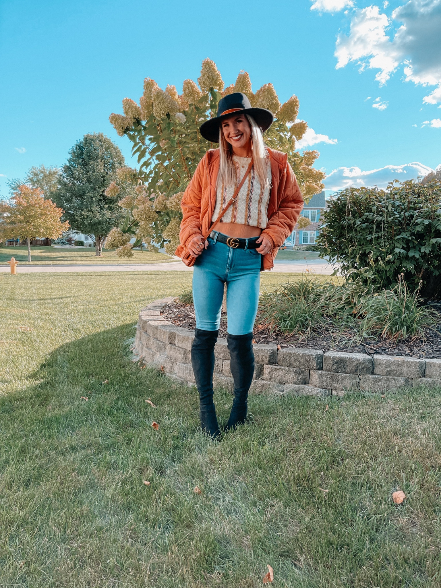 Womens Fall Outfit | Levi jeans | thigh high boots | hat | purse | Jacket 