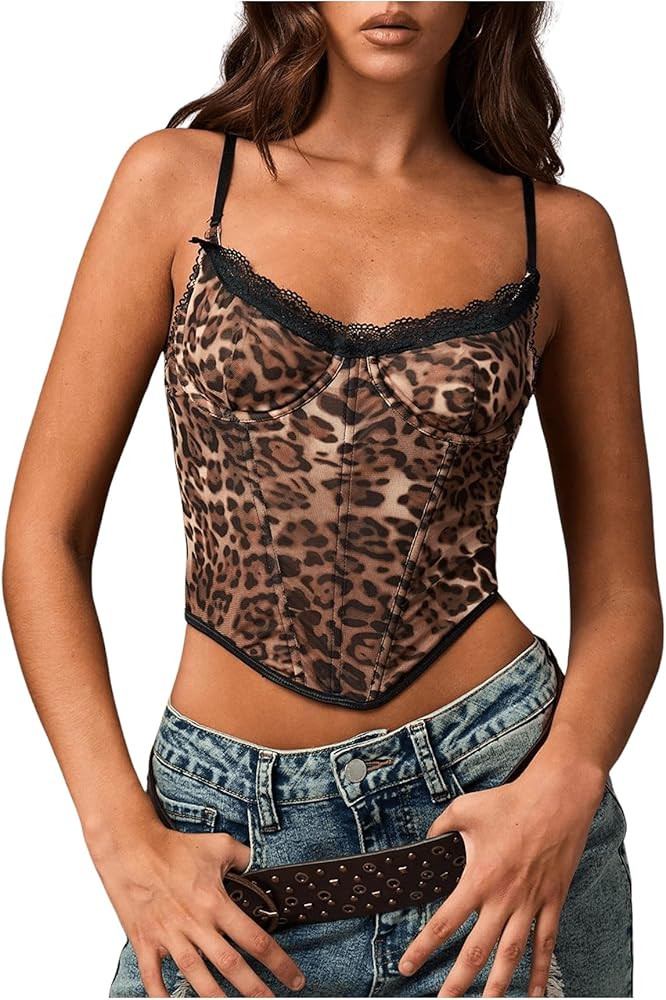 GORGLITTER Women's Lace Corset Top Leopard Print Asymmetrical Hem Sleeveless Crop Cami Top | Amazon (US)