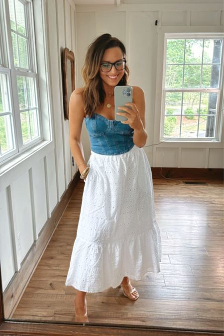 Walmart spring fashion inspo🤩
Denim corset top + white eyelet midi skirt! 

#LTKStyleTip #LTKFindsUnder50 #LTKSeasonal