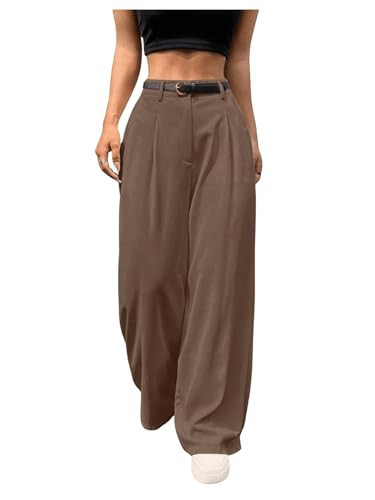 SweatyRocks Women's High Waist Work Pants Dressy Casual Wide Leg Flowy Trousers Brown Large | Amazon (US)