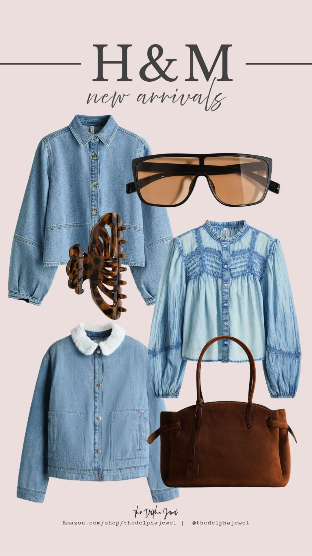 H&M has some good denim new arrivals! The sherpa collar gives some personality. I love oversized sunglasses and a shopper bag. Also the details and lines on the denim shirts is so good. 

 #LTKootd #LTKOver40 #LTKMidsize