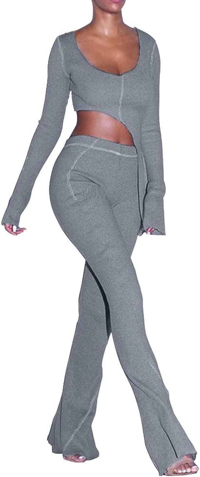 XLLAIS Women's Ribbed Asymmetric Crop Top Flare Pants Sets Outfits Tracksuit | Amazon (US)