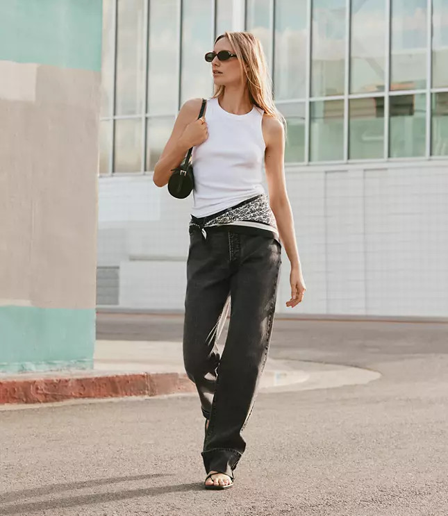 Rivete Tall Cuffed High Rise Straight Jeans in Noir Wash | LOFT