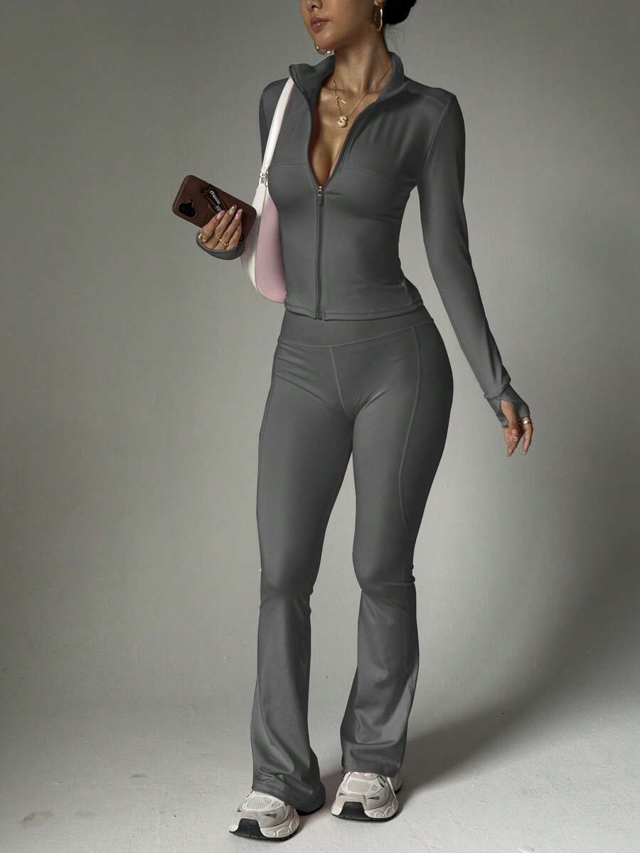 PinkTip Pink Tip Women's Solid Color Seamless Elastic Jacket & Leggings Sports Set, Butt Lifting ... | SHEIN