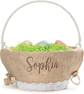 Personalized Easter Egg Basket with Handle and Custom Name in Brown Script | Scallop Edge Burlap ... | Amazon (US)