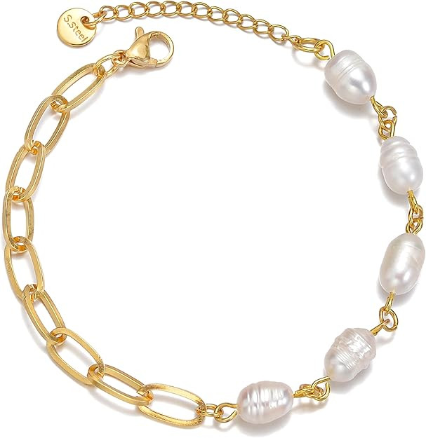 Sonateomber Dainty Gold Freshwater Pearls Chain Bracelet for Women, Statement Paperclip Rosary Pu... | Amazon (US)