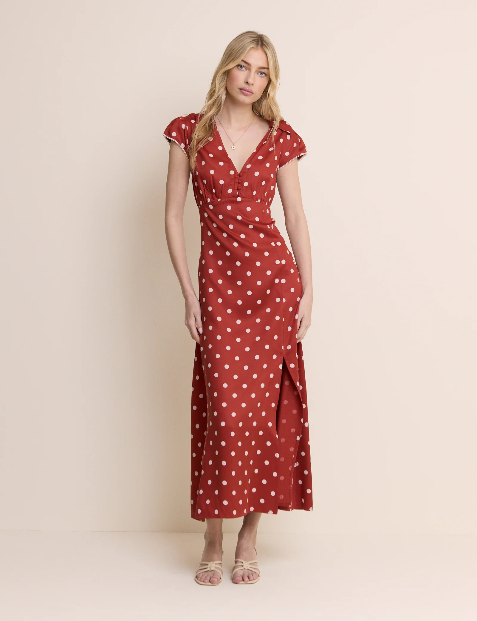 Red Polka Dot Collared Norma Midi Dress | Nobody's Child