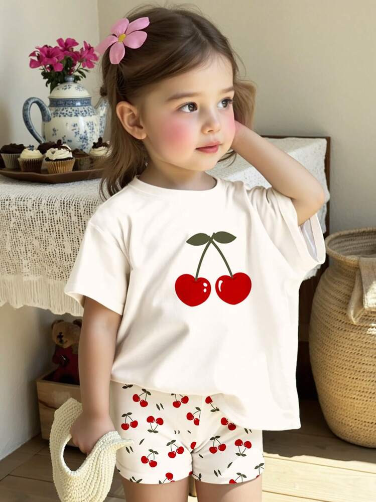 SHEIN Cute Cherry Print, Baby Girl Casual Minimalist Round Neck Short Sleeve T-Shirt & Body-Fit Shorts Set, Suitable For Spring & Summer | SHEIN