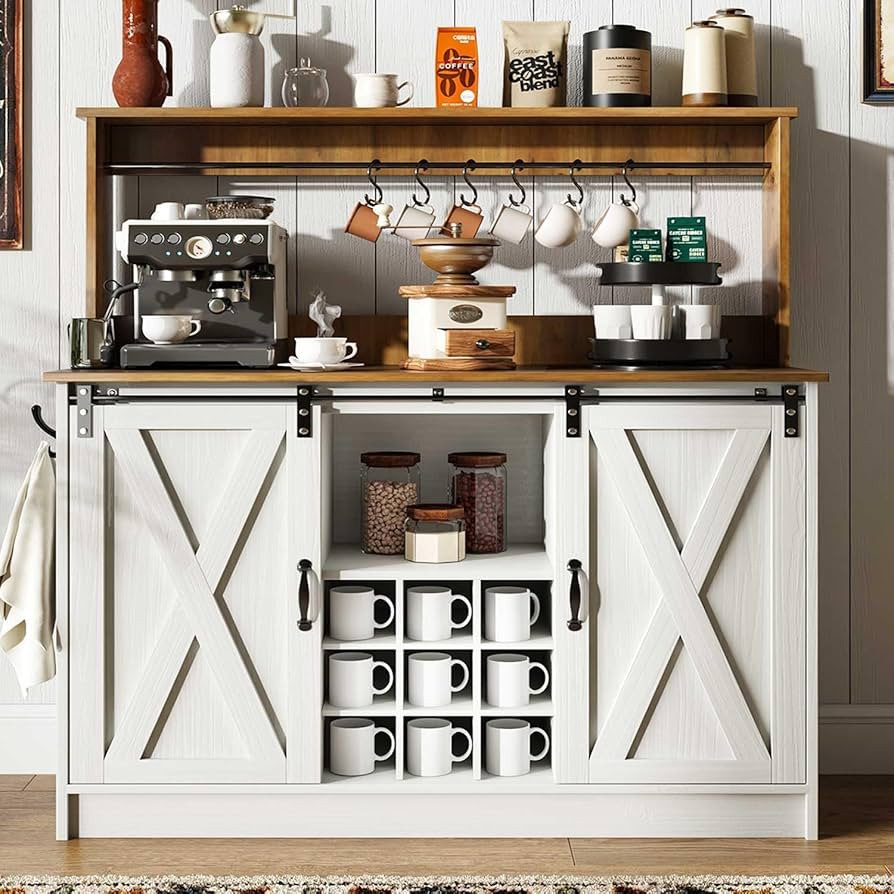 4ever2buy Farmhouse Coffee Bar Cabinet with 6 Hooks, 47'' Kitchen Coffee Bar with Hutch and 9 Win... | Amazon (US)