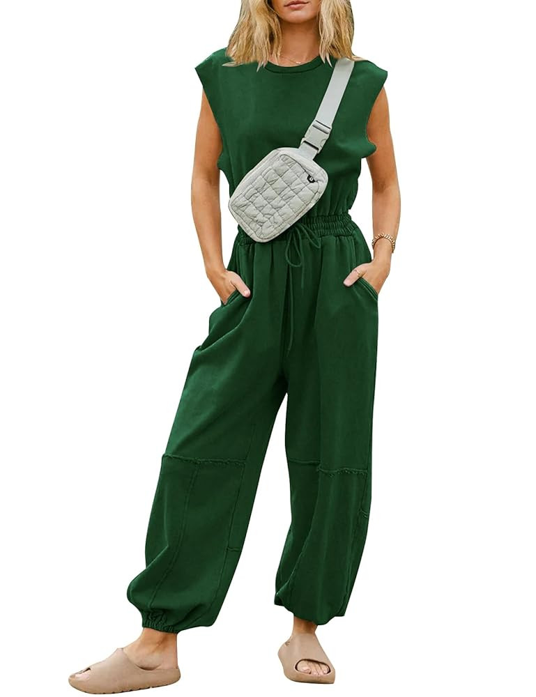 Kissonic Jumpsuits for Women Casual Crewneck Cap Sleeve Drawstring Romper One Piece Outfits with ... | Amazon (US)