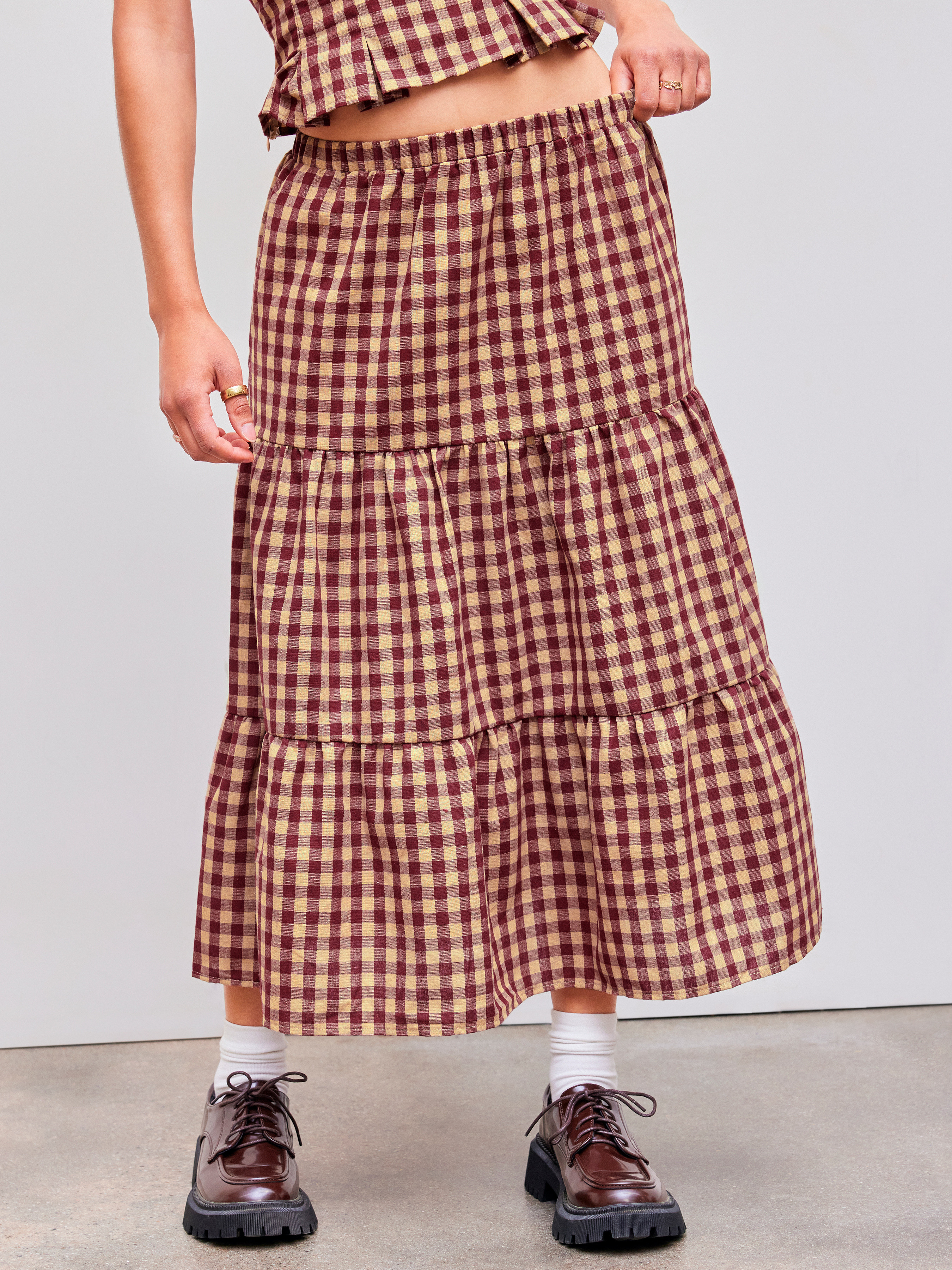 Long Skirts Woven Woven High Rise Gingham Tiered Midi Skirt For Vacation | Cider