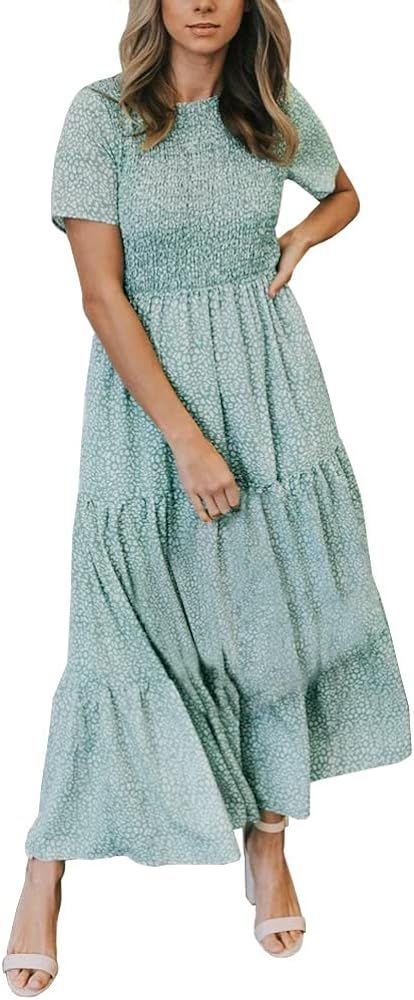 Zattcas Womens Summer Casual Short Sleeve Bohemian Smocked Floral Tiered Maxi Dress | Amazon (US)