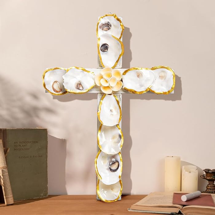 QEQEKAKA Cross Wall Decor - Handmade Oyster Shells Cross Wood Wall Decor for Christian Wall Art D... | Amazon (US)