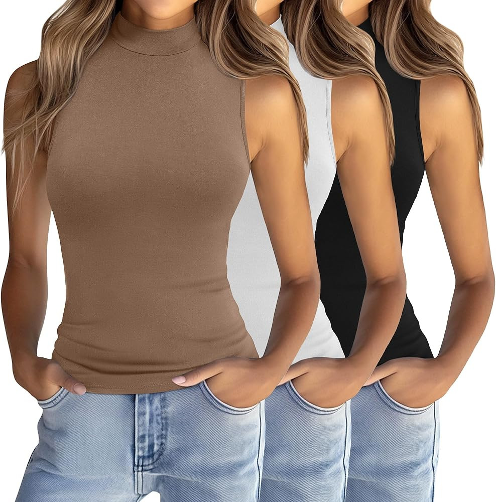 Ficerd 3 Pack Women’s Sleeveless Tank Tops, Mock Neck Cotton Summer Shirts Slim Fit Stretch Top... | Amazon (US)