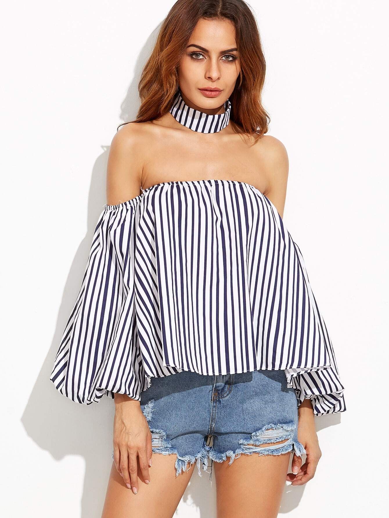 Vertical Striped Off The Shoulder Top With Choker | SHEIN