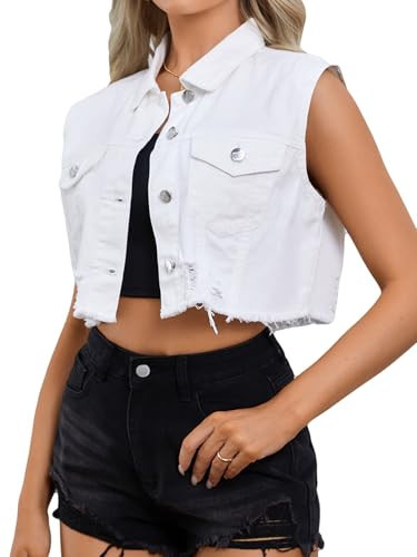 Verdusa Women's Ripped Raw Hem Sleeveless Button Up Crop Denim Vest Jean Outerwear White X-Large | Amazon (US)