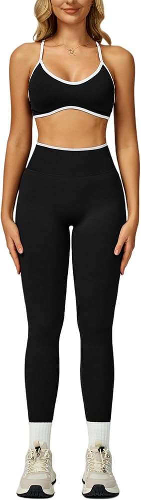 ABOCIW Womens 2 Piece Workout Sets Seamless Color Block Sports Bra Scrunch Butt Lifting High Wais... | Amazon (US)