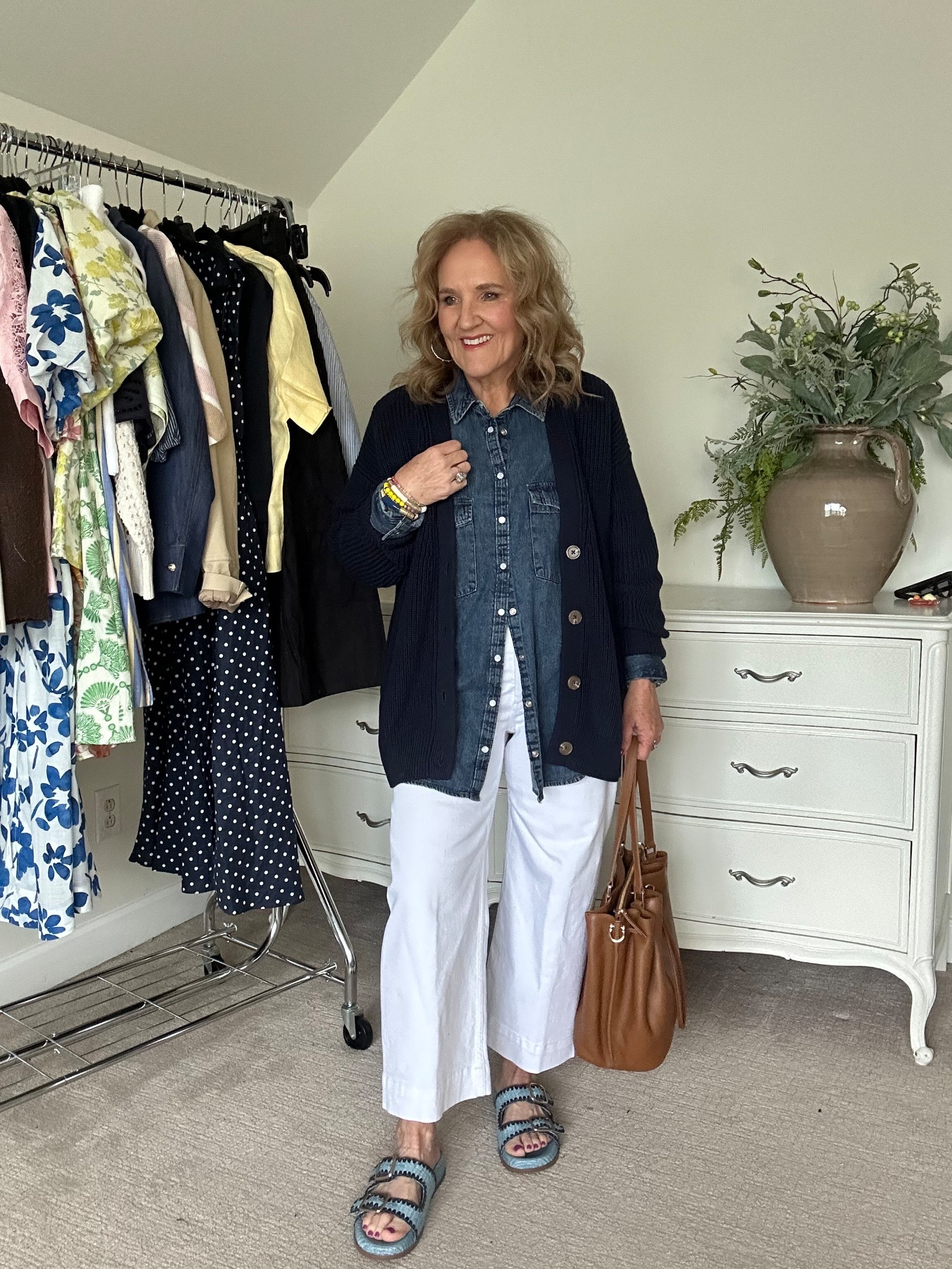 Navy cotton sweater size medium Colette jeans size 29 petite 
Denim shirt size large 
Blue slides tts 

Spring layers quince cotton sweater Anthropologie jeans 

#LTKOver40 #LTKWatchNow #LTKSeasonal