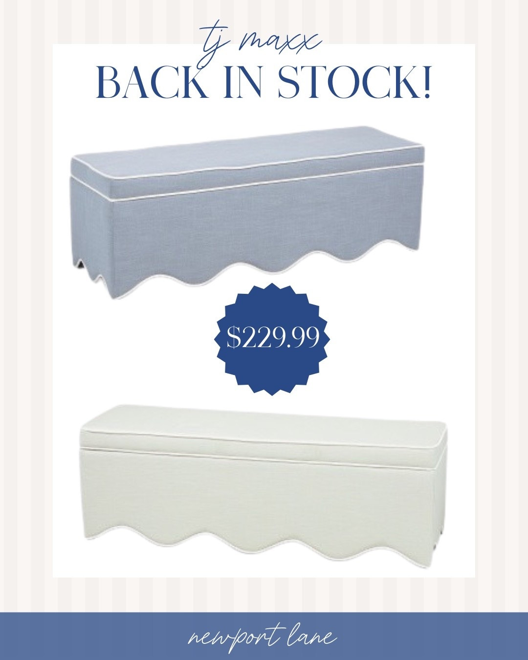 If you've been waiting for the perfect piece to finish your bedroom or entryway, this is it. The scalloped trim on these storage benches have just the cutest detail!

tj maxx, look for less, save vs splurge, bedroom furniture, decor styling, coastal decor, blue and white, organization tip, beach home

#LTKHoliday #LTKSeasonal #LTKHome