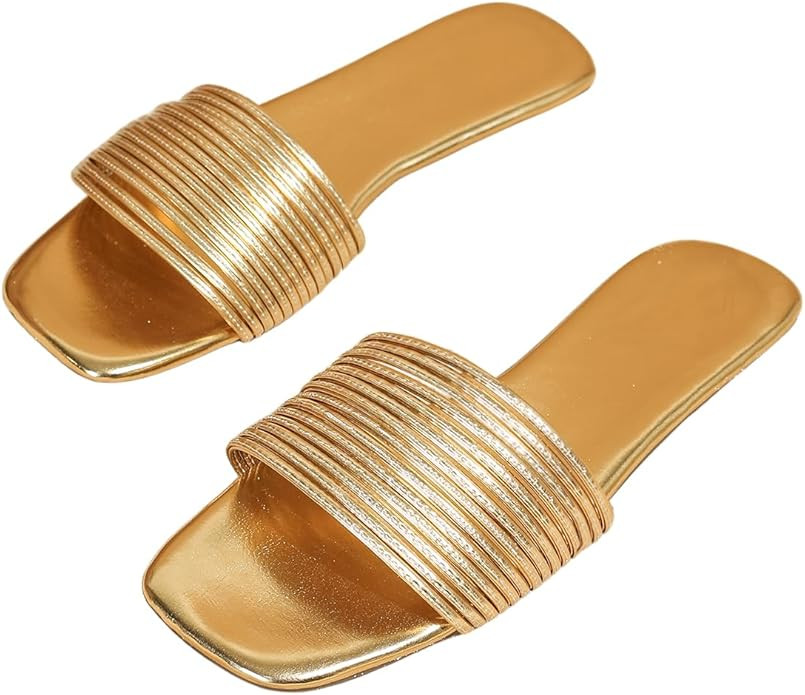 Verdusa Women's Square Toe Strappy Flat Sandals Slip On Metallic Sandal | Amazon (US)