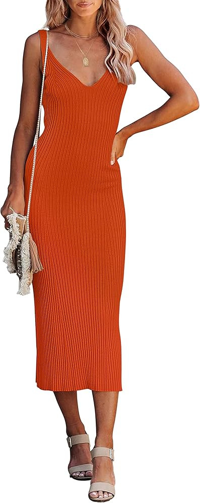 MEROKEETY Womens 2025 Summer V Neck Knit Midi Dress Bodycon Casual Sleeveless Ribbed Party Sweate... | Amazon (US)