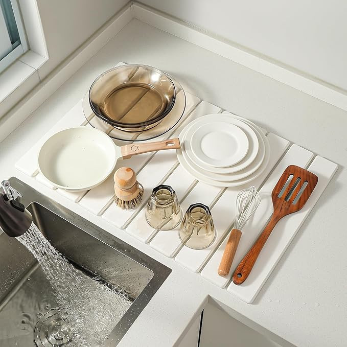 Large Stone Drying Mat for Kitchen Counter, 24''L x 16''W Diatomaceous Earth Collapsible Dish Dry... | Amazon (US)