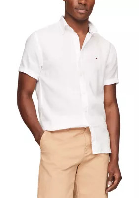 Tommy Hilfiger Men's Premium Linen Short Sleeve Shirt, White, Small | Belk