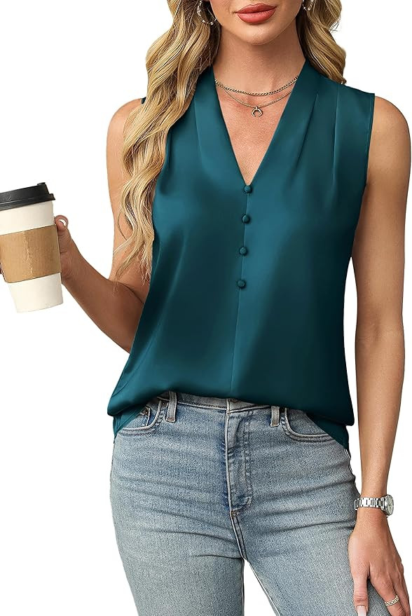 Blooming Jelly Womens Dressy Tank Tops Summer Sleeveless Work Blouses Silk Satin V Neck Shirts Bu... | Amazon (US)