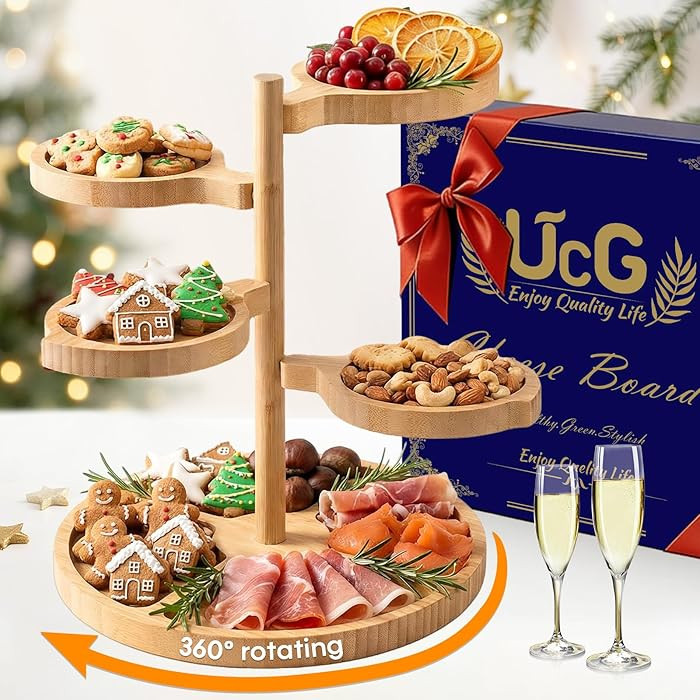 Tiered Charcuterie Board Gift for Women: Bamboo 360° Rotating Round Base with 4 Swivel Trays - W... | Amazon (US)