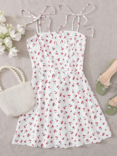 SHEIN WYWH Knot Strap Shirred Back Cherry Print Slip Dress | SHEIN