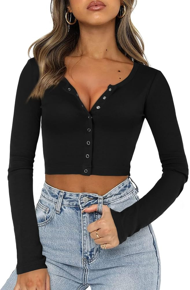 FENSACE Womens Button Down Long Sleeve Crop Top Basic Knit Slim Fit T-Shirt XS-XL | Amazon (US)