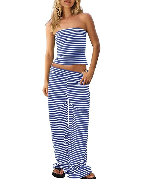 Womens Striped Pant Sets 2 Piece Strapless Tube Top and Wide Leg Pants Summer Casual Beach Outfit... | Amazon (US)