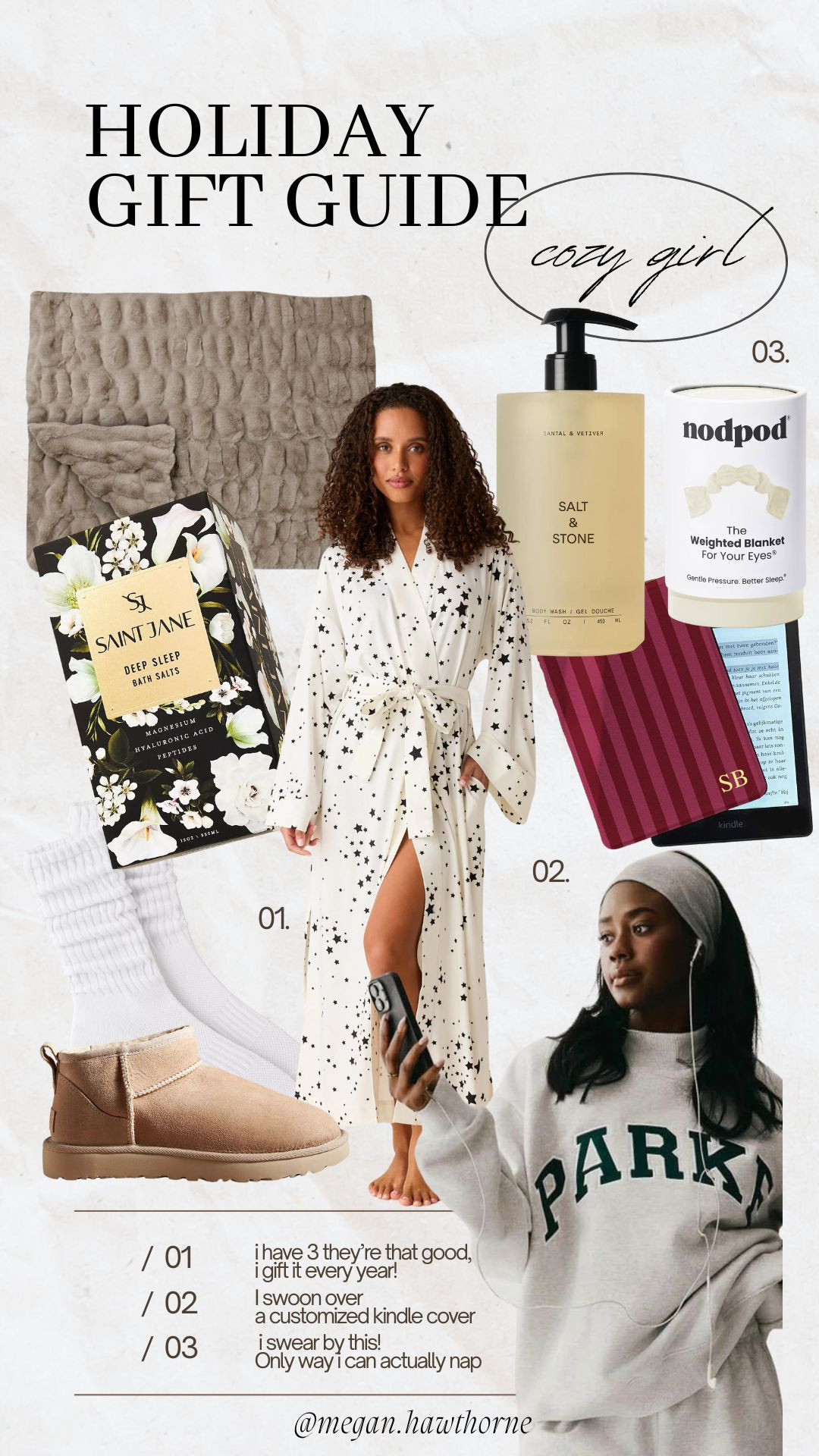 Holiday Gift Guide for the cozy girl in your life. A comfy pullover, robe, srucnhy socks, bath salts, and a face mask that I seriously cannot live without.  

 #LTKGiftGuide #LTKHoliday #LTKSeasonal