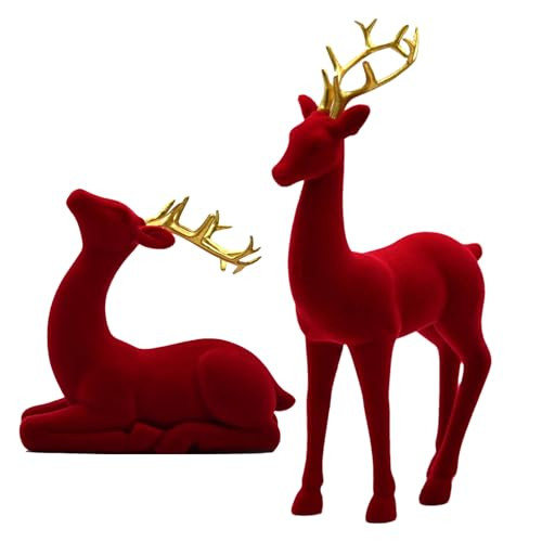Reindeer Standing Table Decor - Christmas Reindeer 2Pcs, Flocking Reindeers Figures | Red and Green Aesthetic Standing Sitting Elk Statue for Workplace Bedside Table Party Kitchen | Amazon (US)