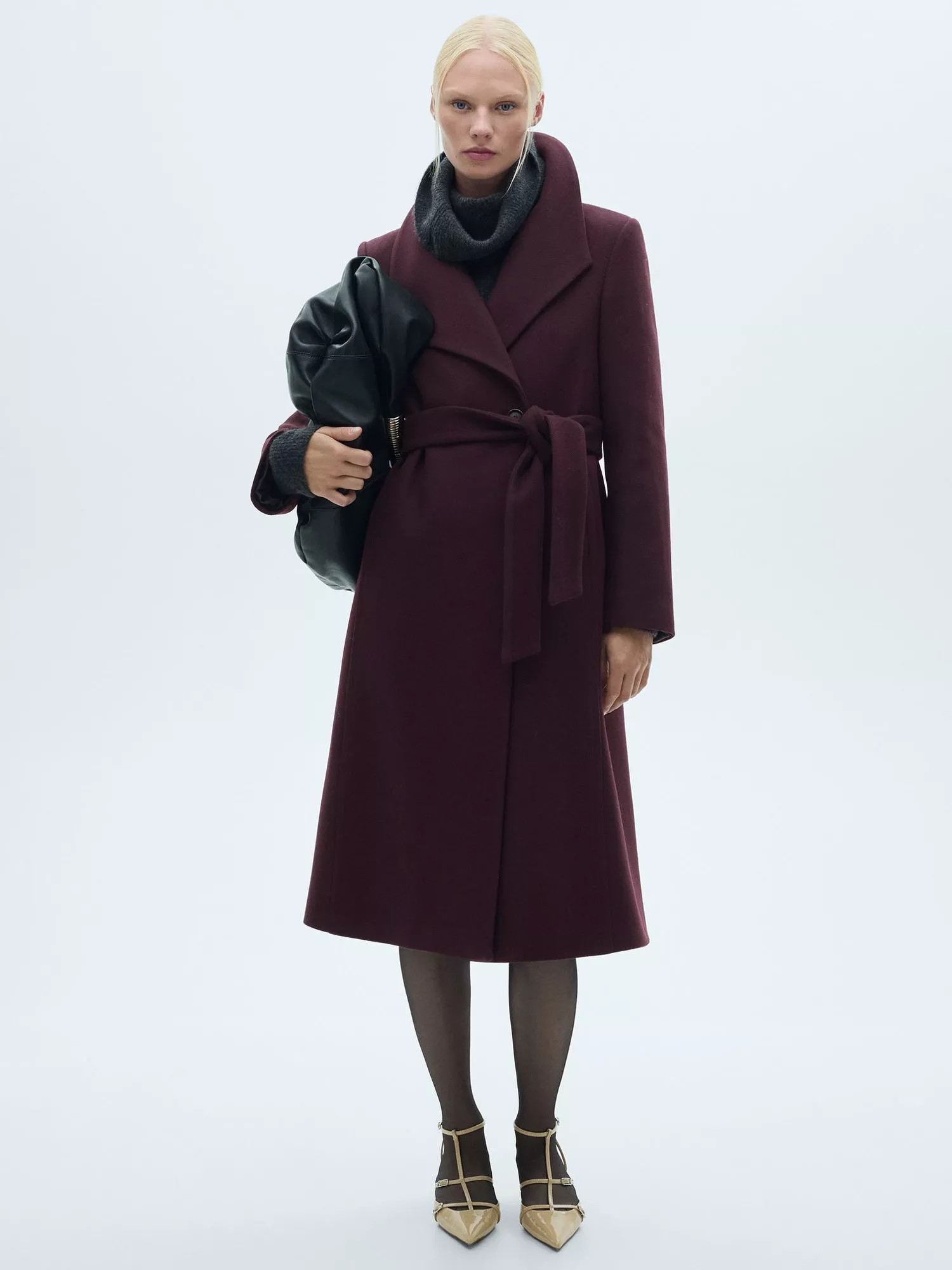 MangoSirenita Wool Blend Wrap Coat, Dark Red | John Lewis (UK)