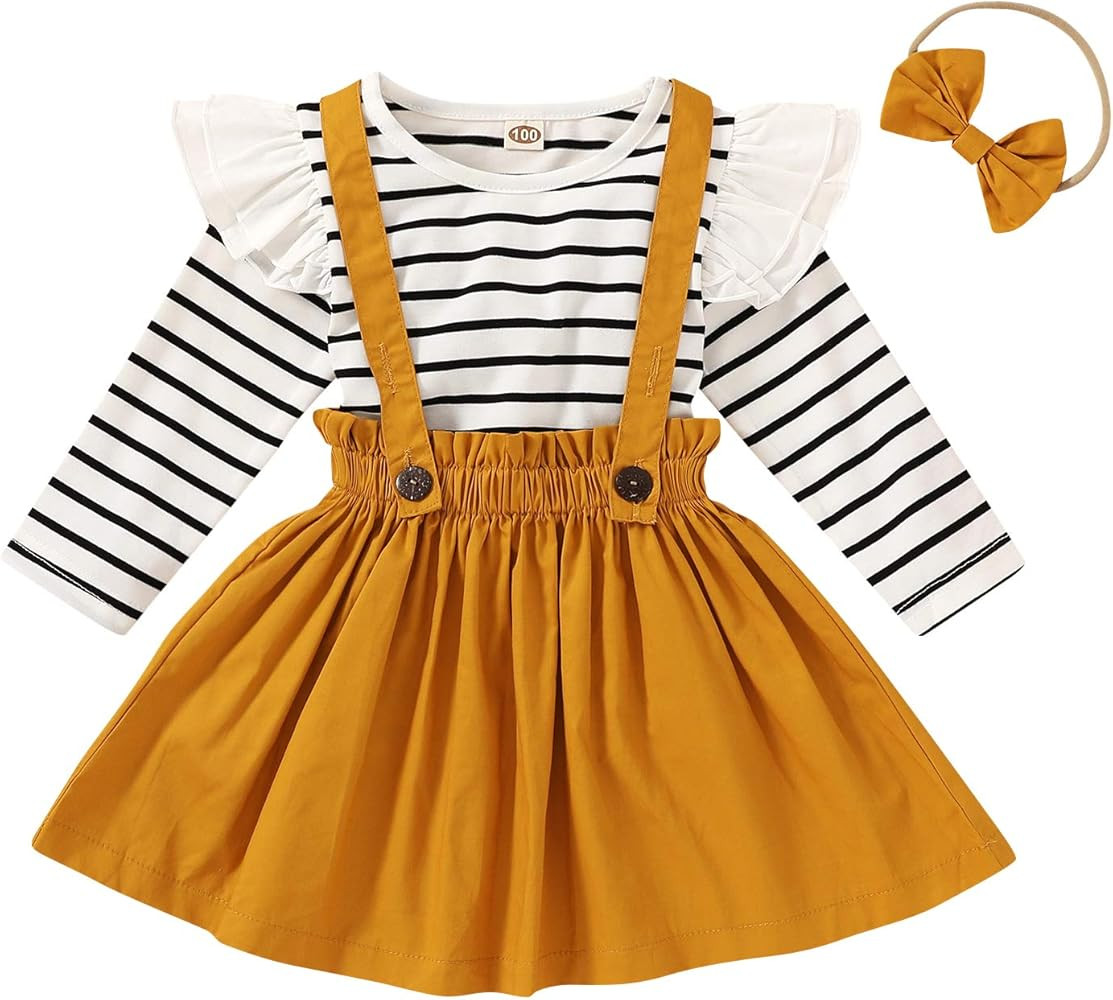 Toddler Girls Outfits 3pcs Baby Romper Clothes Set Girl Floral Jumpsuit+Strap Skirt Outfits | Amazon (US)