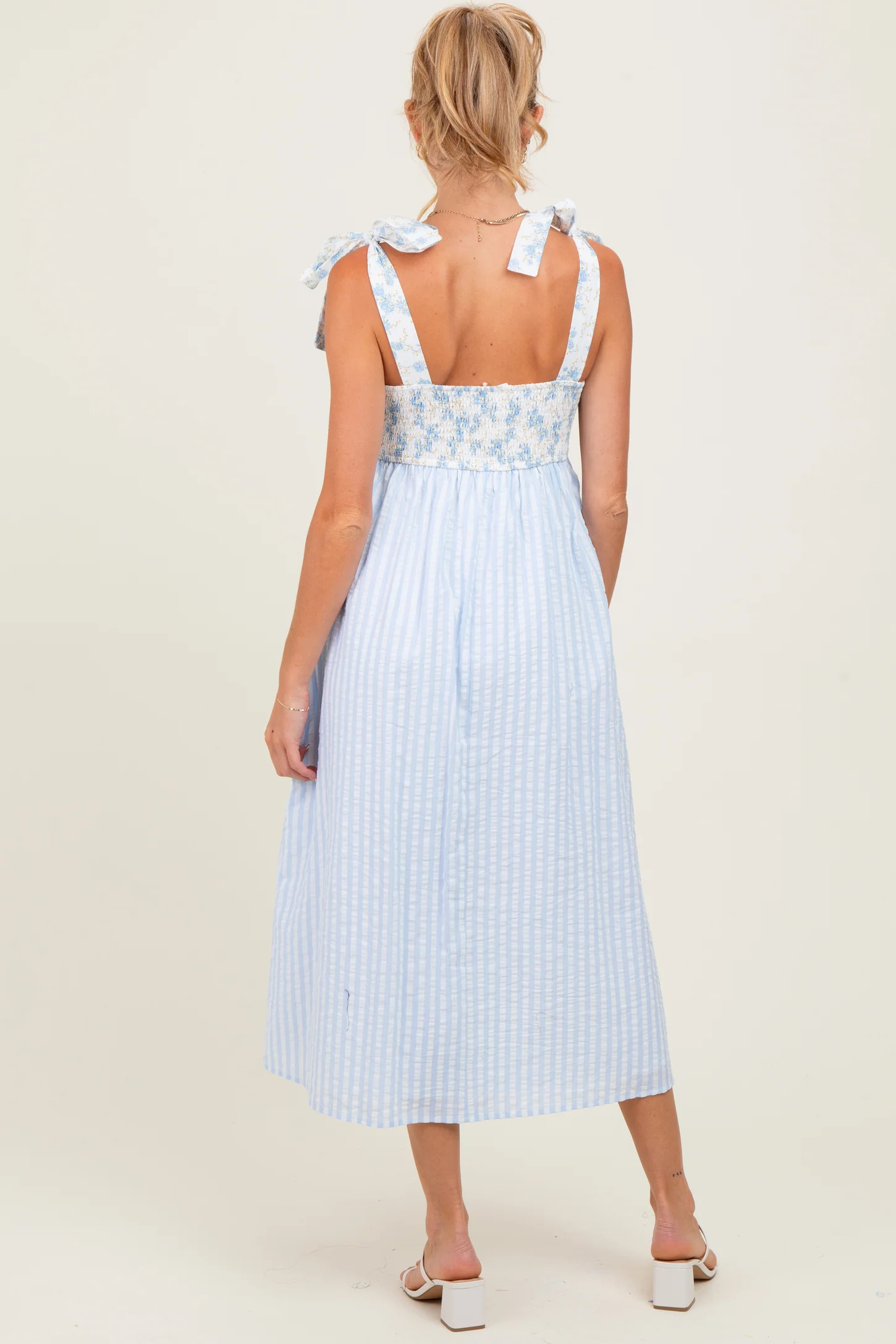 Light Blue Floral Contrast Stripe Shoulder Tie Maternity Midi Dress | PinkBlush Maternity