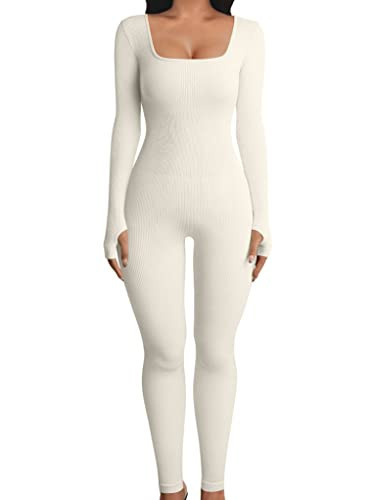 YIOIOIO Women Workout Seamless Jumpsuit Yoga Ribbed One Piece Long Sleeve Leggings Romper | Amazon (US)