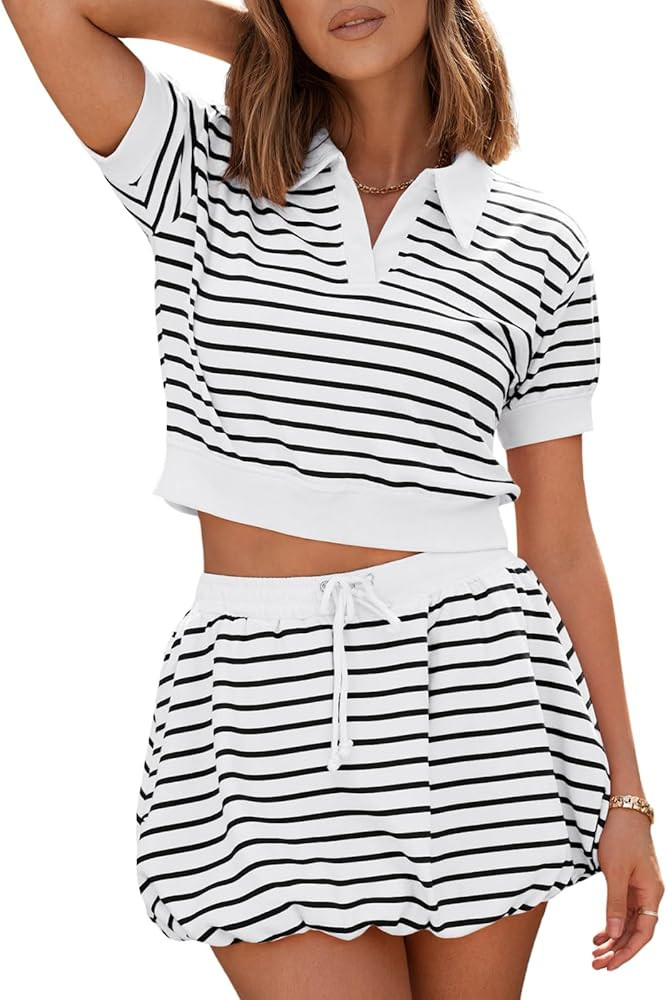 Fisoew Womens Striped 2 Piece Outfits Skort Set Short Sleeves Shirts Bubble Mini Skirt Sets Match... | Amazon (US)