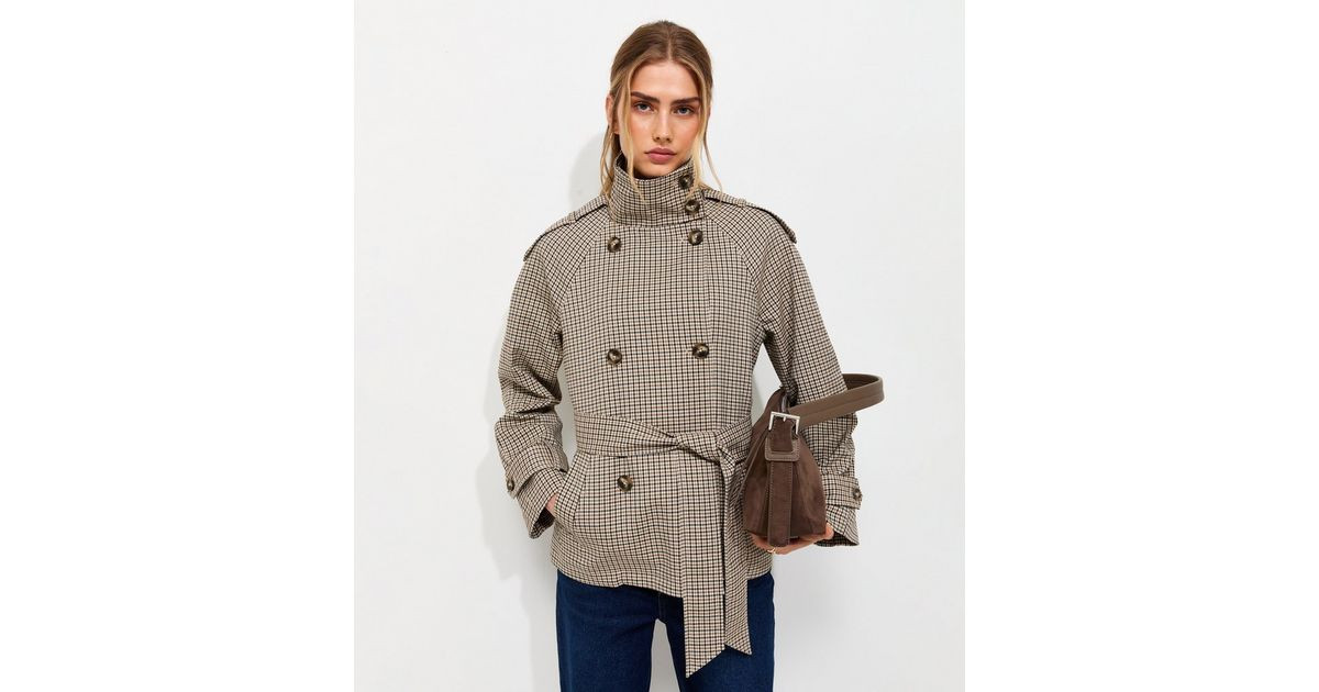 Women's Brown Check High Neck Belted Mac Jacket New Look | New Look (UK)