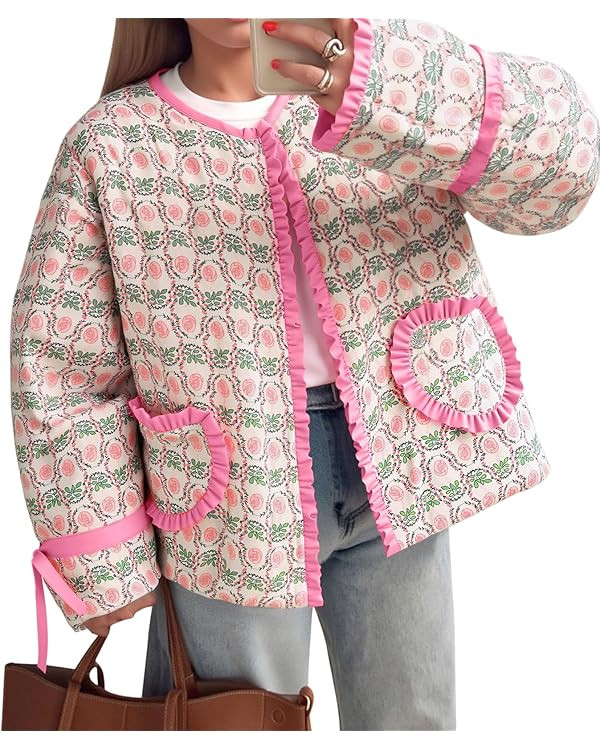 Tankaneo Womens Cropped Puffer Jacket Floral Print Open Front Quilted Jacket Bow Tie Heart Coat L... | Amazon (US)