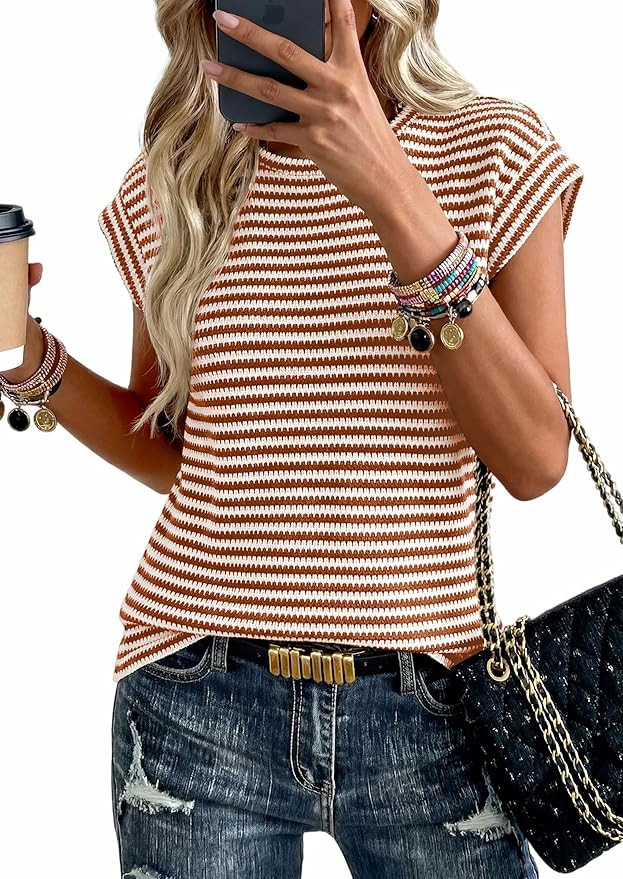 PRETTYGARDEN Women's 2026 Spring Vest Tops Cap Sleeve Striped Shirt Knit Tank Top Summer Beach Va... | Amazon (US)