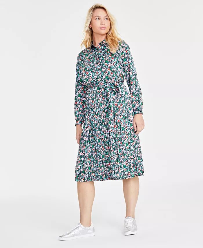 On 34th Women's Long-Sleeve Pleated Shirtdress, Created for Macy's - Macy's | Macy's