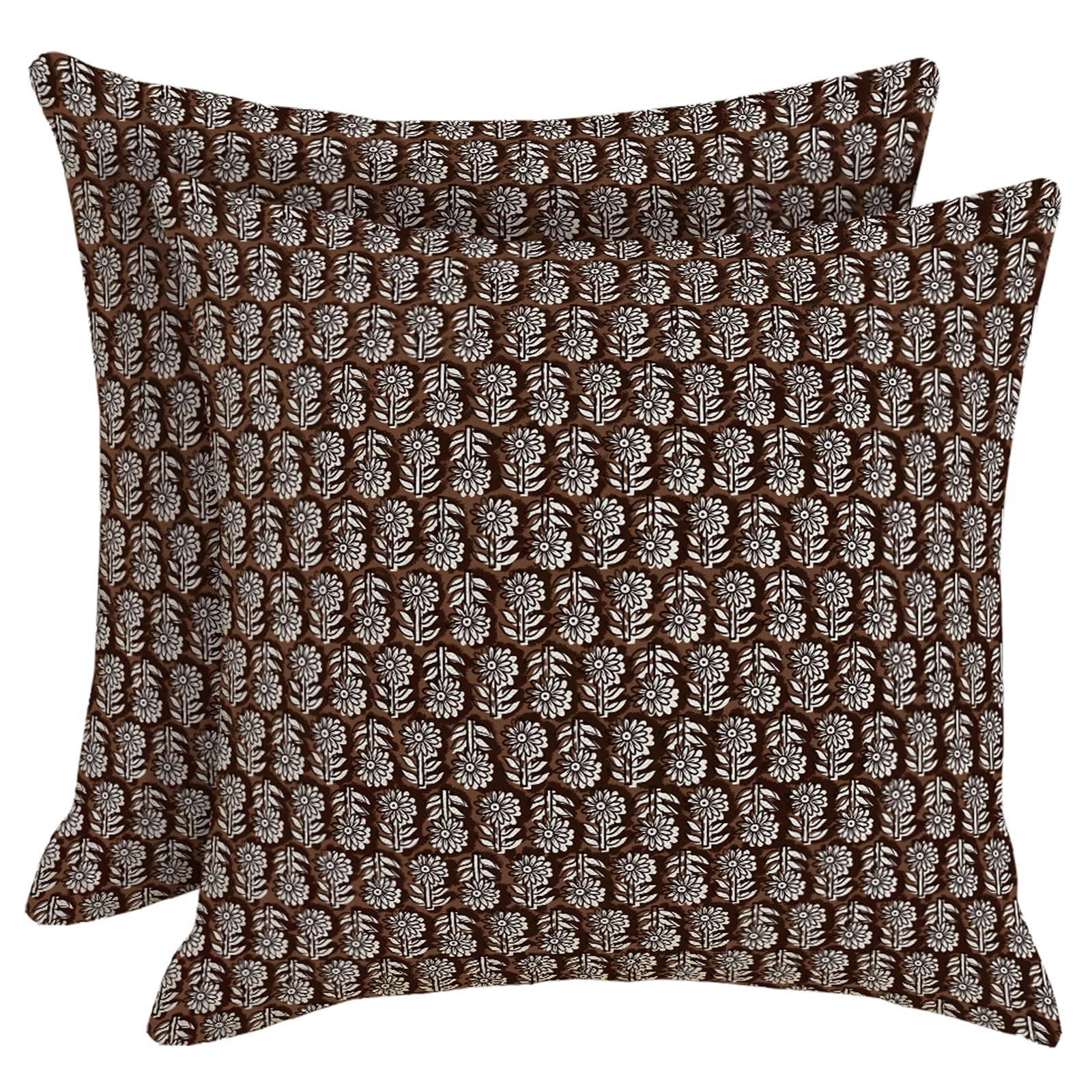 HOSTECCO Block Print Throw Pillow Covers 20x20 inch Set of 2 Vintage Floral Brown Pillow Cases Neutral Farmhouse Decorative Cushion Covers for Sofa Couch | Amazon (US)