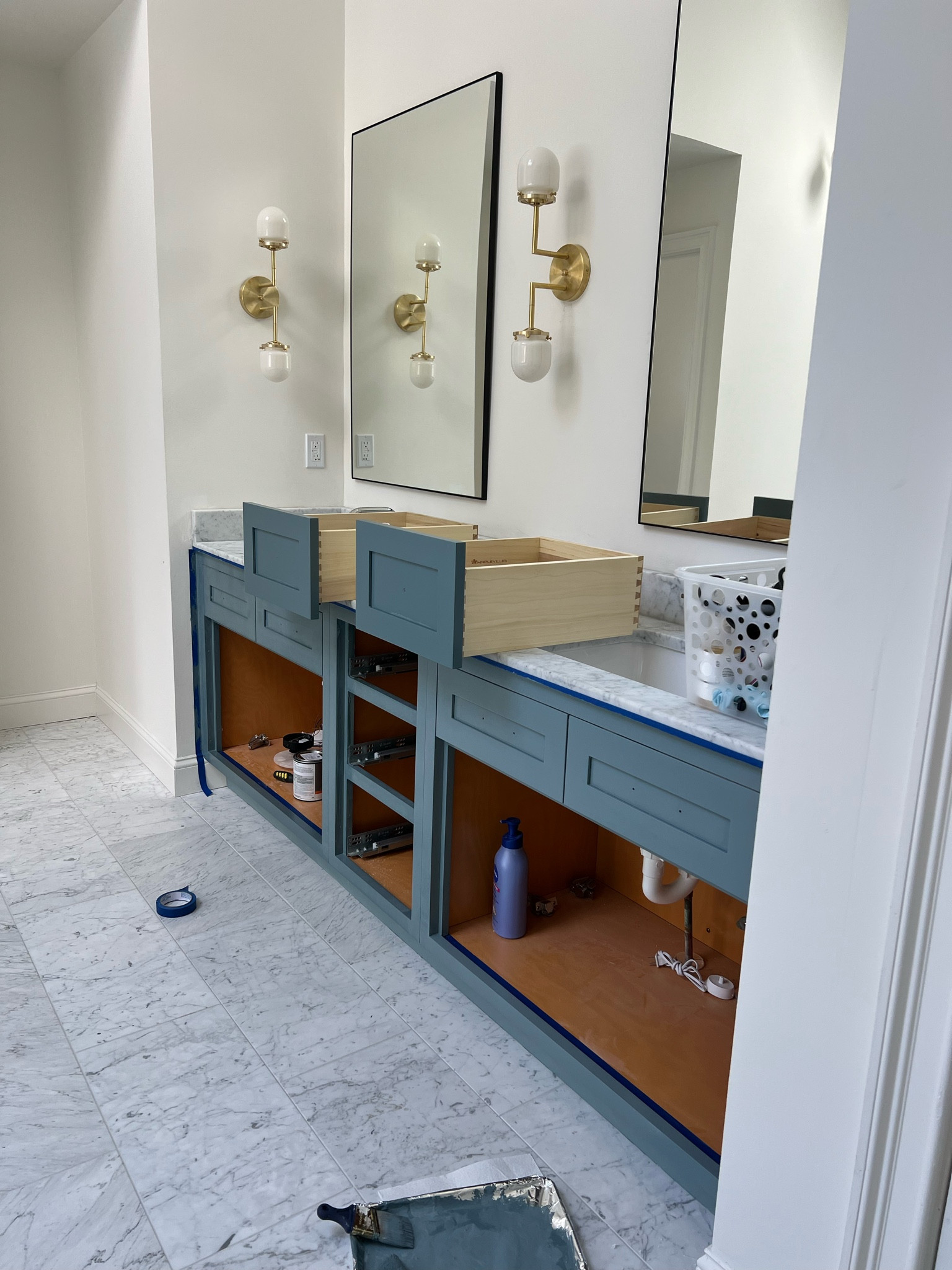 A not so sexy BTS!  But I love the blue vanity in our master suite 

Paint is BM Providence Blue