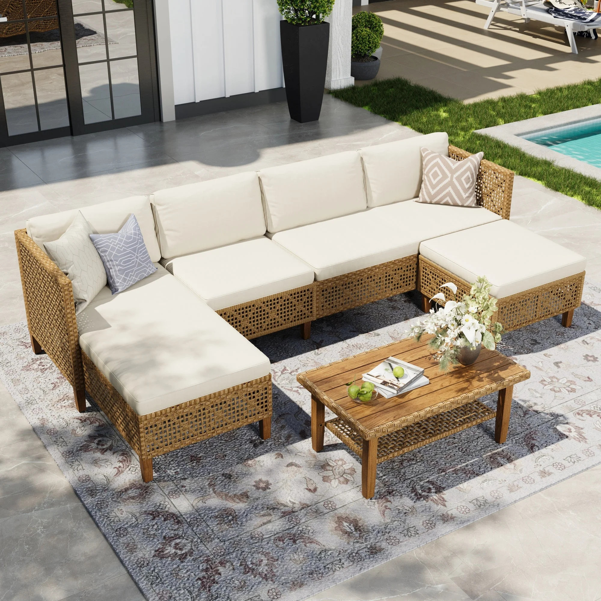 Alpha Joy 5 Pieces Wicker Patio Furniture Conversation Set Boho Style Outdoor Sofa with Wood Coff... | Walmart (US)